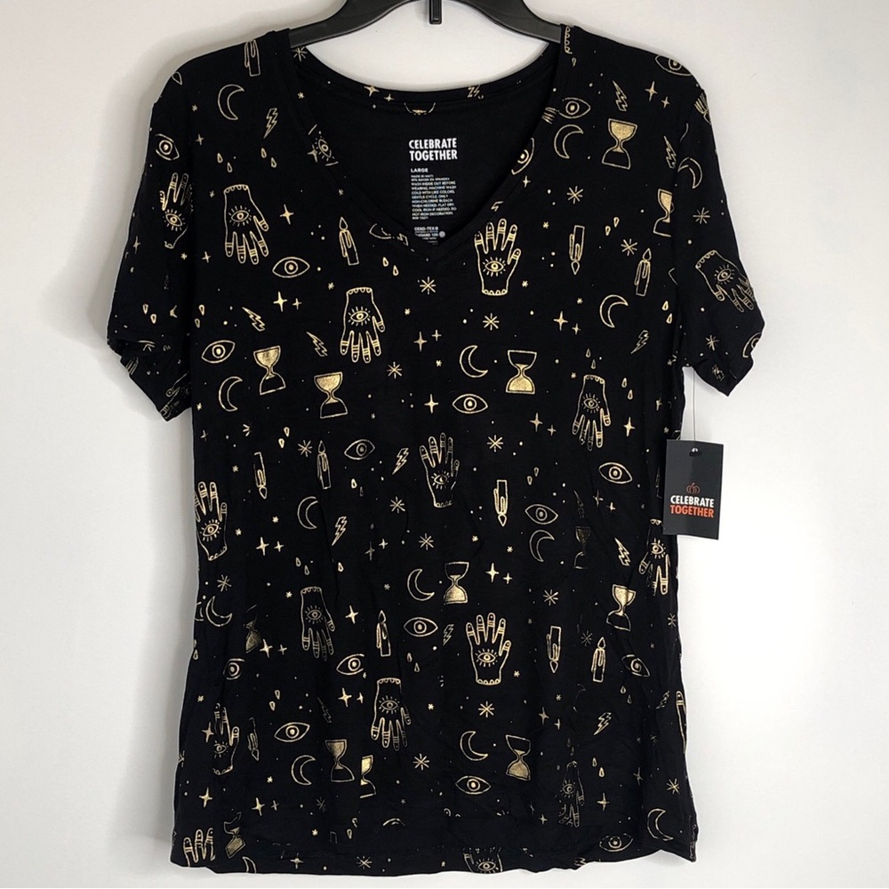 Celebrate Together Black Gold V-neck Women’s Top Size Large Halloween Mystical